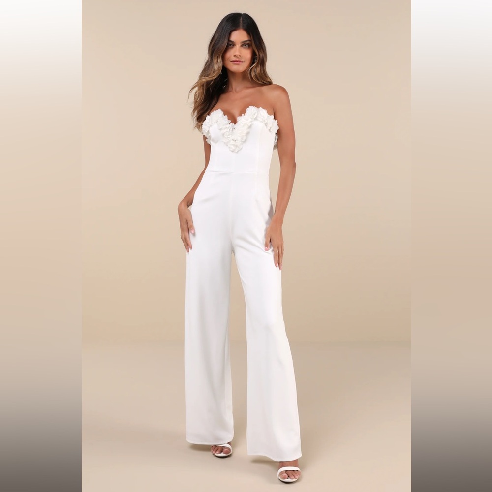 Lulus Rare Allure White 3d Floral Applique Strapless Wide-leg Jumpsuit - Size S